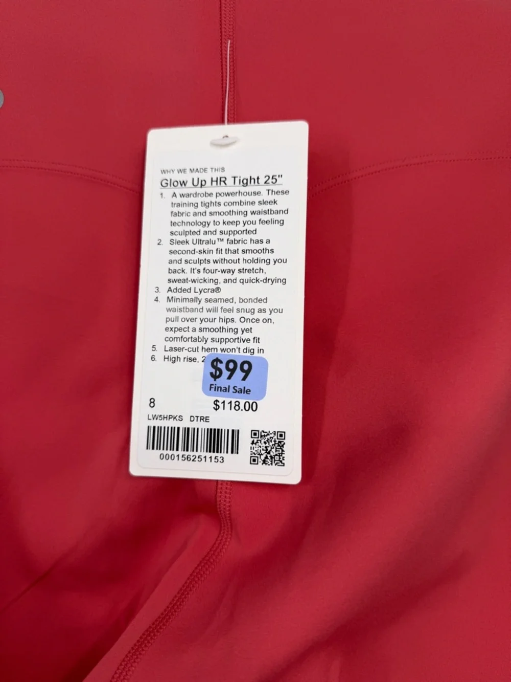 NWT Lululemon Glow Up HR Tight 25 High Rise Leggings Red Size 8